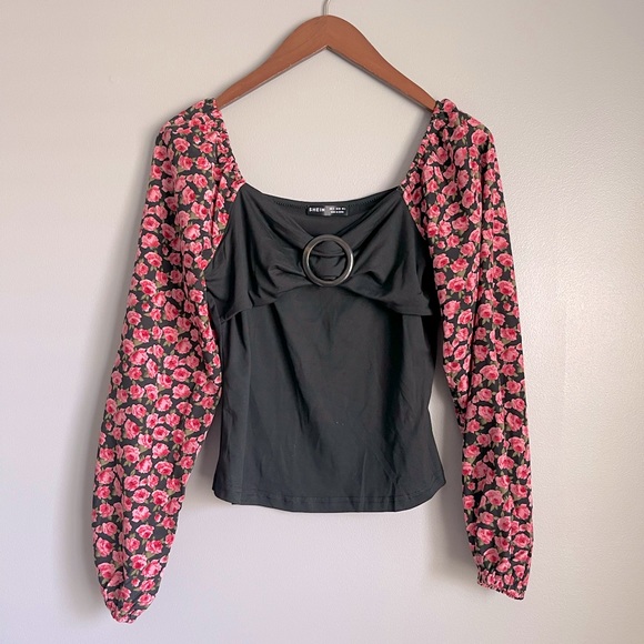 SHEIN off the shoulder black & floral top, size medium - Picture 2 of 6